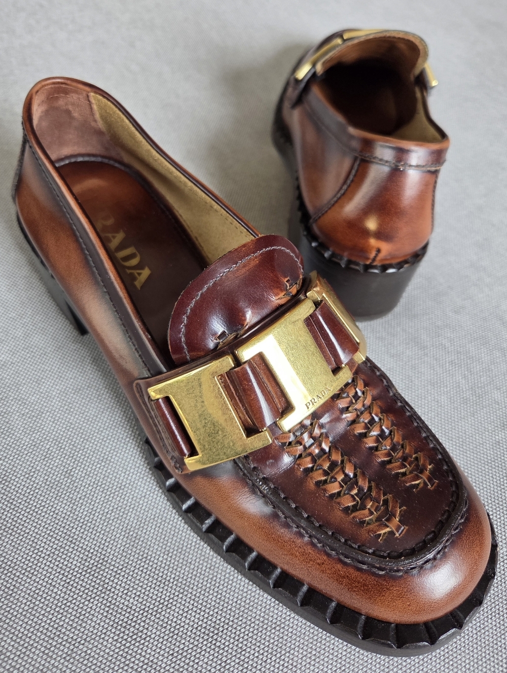 PRADA Cognac & Brown Woven Leather Loafer Gold Buckle Low block Heel  IT 36.5